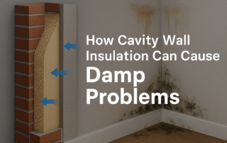 Digital illustration showing cavity wall insulation on the left, with visible mould and water damage on the right, highlighting how insulation can cause damp problems.