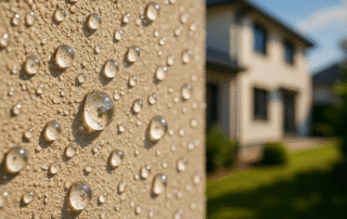 Close-up of silicone render wall with realistic water beading in focus, modern white two-story house softly blurred in the background.